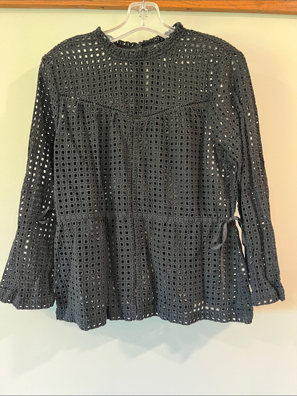 Point Sur - 2, Eyelet Peplum Long-Sleeve Top - Black, tie sides